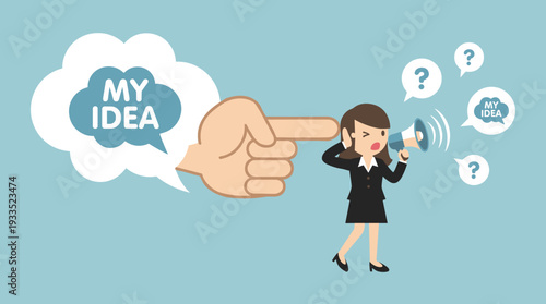 Business Woman Shouting into Megaphone and Covering Her Ear to Ignore Feedback, Concept of Ego, Arrogance, and Refusing to Listen to New Ideas or Opinions in a Professional Business Workplace.