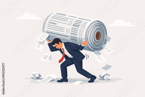 Stressed Businessman Struggling Under the Weight of a Massive Paper Roll of Tax Bills and Financial Debt, Concept of Heavy Tax Burden, Bureaucracy, and Economic Pressure, Vector Illustration.