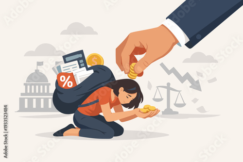 Tax Burden and Financial Debt Concept with Woman Carrying Heavy Bag of Taxes, Government Hand Taking Money, Economic Pressure, Income Tax Payment, Fiscal Responsibility, and Crisis Illustration.