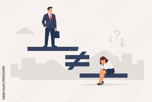 Gender Inequality and Discrimination Concept with Businessman on High Level and Sad Businesswoman on Low Level with Not Equal Sign Symbolizing Pay Gap, Unfairness, and Workplace Hierarchy.