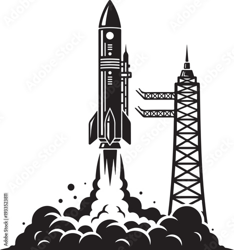 Rocket launch from platform with smoke and fire, signifying space exploration, new beginnings, and ambitious projects