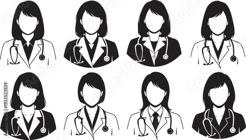 A collection of 8 different female doctor avatar icons, a symbol of healthcare professionals with empty faces