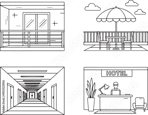 Collection of interior linear illustrations including modern balcony terrace hotel reception desk and long building hallway corridor