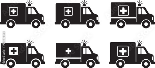 Collection of ambulance icons representing emergency medical services and healthcare transport