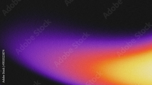 Vibrant abstract gradient background with a smooth color transition from deep purple to fiery orange and bright yellow. Features a distinct grainy noise texture.
