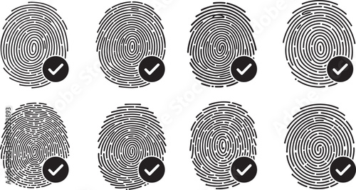 Set of black fingerprint silhouettes with checkmarks. Security and identity verification