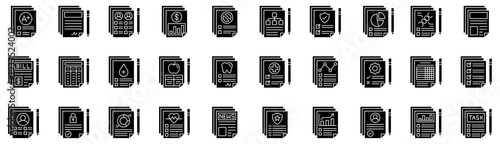 Report icons collection. Vector illustration. Report card, Contract, Evaluation, Money, Petition, Hierarchy, Health report, Pie chart. Pro Vector
