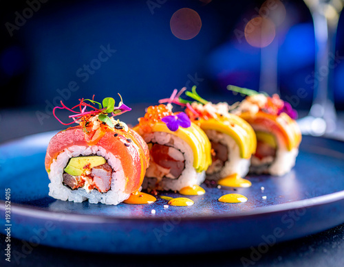 Sushi with salmon, on a plate.