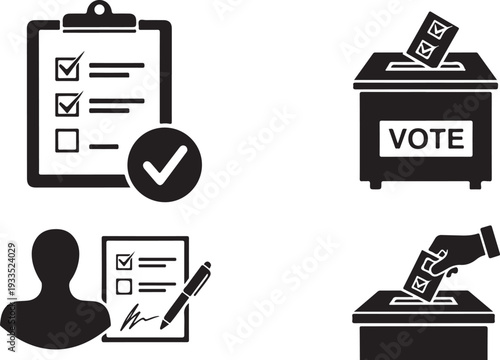 Voting and election icons set, ballot box, checklist, and voter symbols, democratic process elements on transparent background