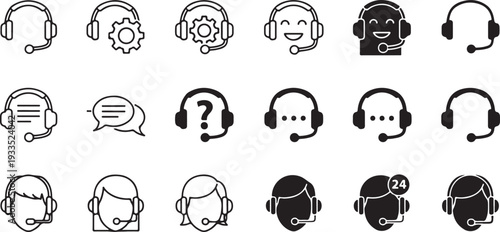 Headphones with microphone icons set. customer service, call center and online support symbols on transparent background