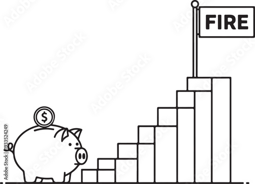 Financial independence retire early concept showing piggy bank beside rising bar graph leading to fire flag for savings goal progress