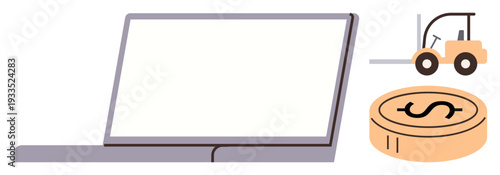 Business operations, e-commerce logistics, financial growth, digital trade, industrial economy, online transactions. A laptop, forklift and coin commerce and logistics. Business operations