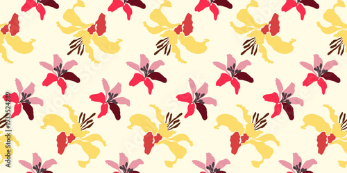 Seamless autumn nature pattern featuring colorful floral silhouettes and orange leaves with pink butterflies in a vector art illustration for summer wallpaper design