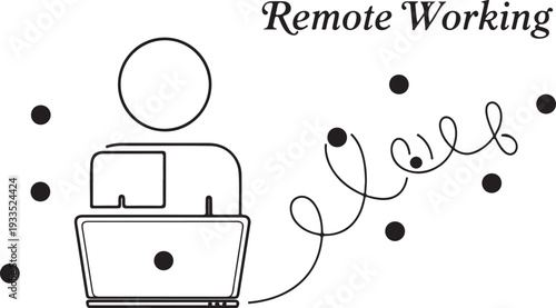 Person working remotely on laptop with connections radiating outwards, symbolizing communication and productivity in distributed teams