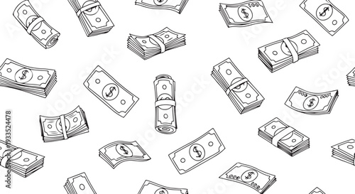 Seamless pattern of hand-drawn US dollar banknotes and bills scattered across a transparent background, representing finance