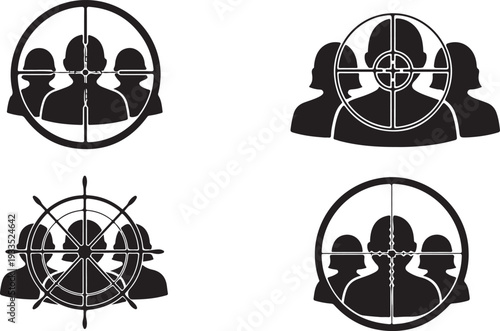 Targeted audience and leadership group silhouettes with sniper crosshairs and steering wheel overlays for business strategy and marketing