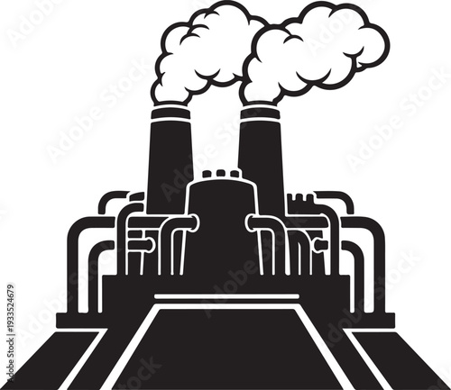 Industrial factory building silhouette with smoking chimneys and complex piping systems representing heavy manufacturing and power plants