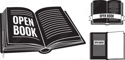 Open book silhouettes with text labels and banner ribbons representing literature education library services and reading knowledge sources