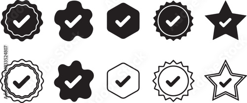Collection of different badge shapes with checkmark icons for approval and verification symbols