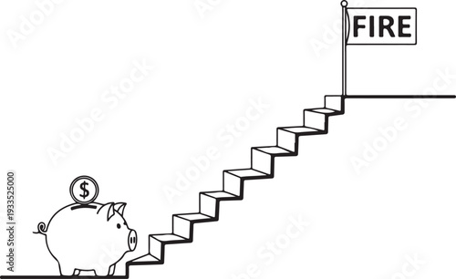 Financial independence retire early fire concept with piggy bank and stairs leading to goal flag representing savings and wealth growth
