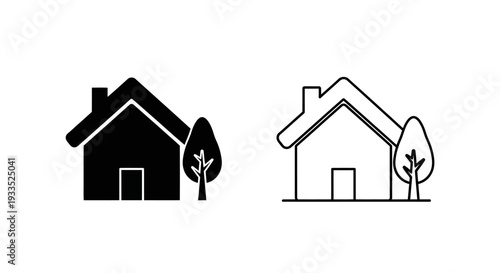 Set of 2 Simple House and Tree Icons Vector - Black Silhouette and Outline Style for Real Estate, Home, and Nature Concepts
