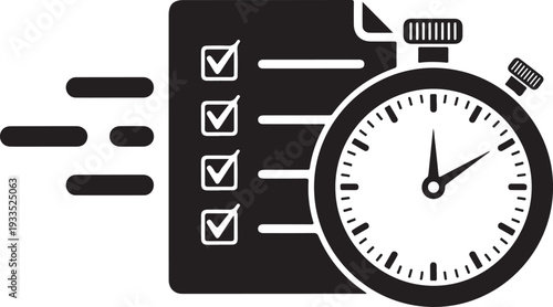 A checklist on a document next to a stopwatch, representing efficient task management and timely completion