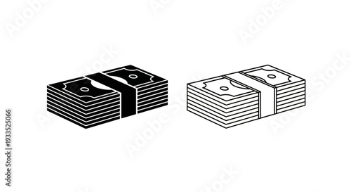 Set of 2 Money Stack Icons Vector: Black Solid and Outline Style for Finance, Business, and Wealth Concepts