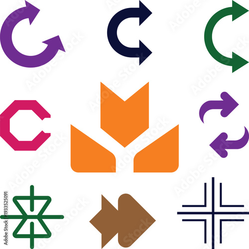 Collection of colorful arrows and symbols representing direction, movement, and choice