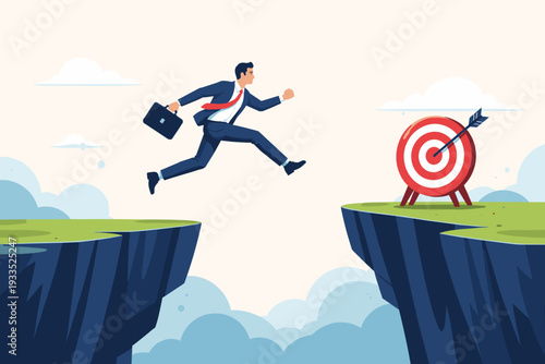 Ambitious businessman in a suit jumping across a mountain gap to reach a target bullseye, symbolizing courage, overcoming obstacles, career growth, risk management, and achieving business goals.
