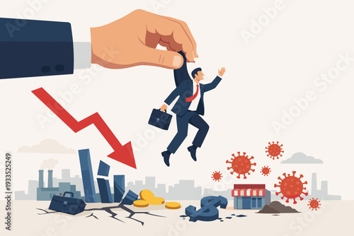 Big Hand Helping Businessman After Pandemic COVID-19 Outbreak Crisis Concept, Economic Recovery and Financial Support for Small Business During Global Recession with Falling Arrow and Virus Cells
