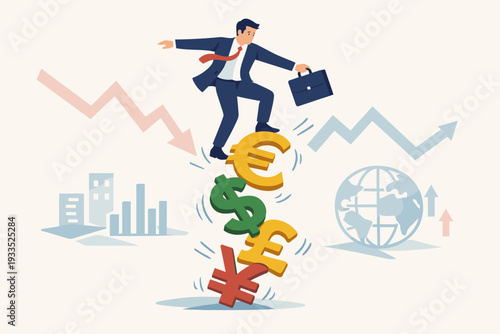 Businessman balancing on a wobbly stack of currency symbols like Euro, Dollar, Pound, and Yen, representing market volatility, financial risk, and global economic instability in flat vector.