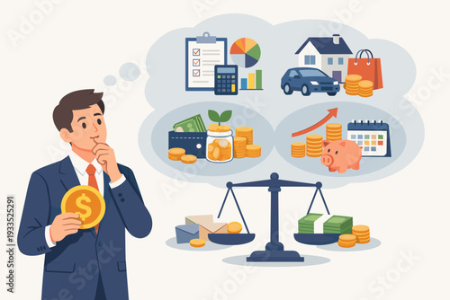 Businessman holding a gold dollar coin thinking about budget planning and personal finance management. Vector illustration of financial goals, savings, investment, and balancing expenses.