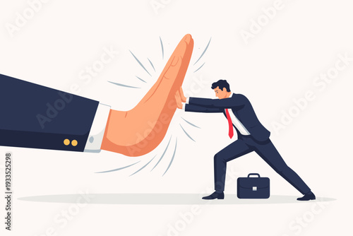 Businessman in Suit Pushing Against a Giant Hand Representing Obstacles, Corporate Resistance, and Market Competition, Concept of Determination and Overcoming Challenges in Business World