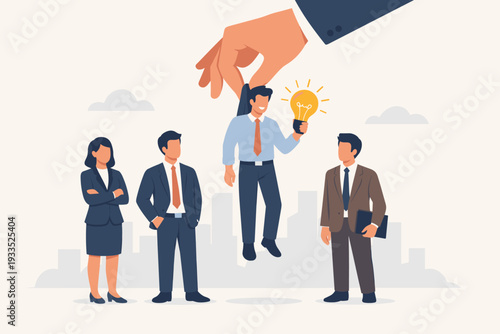 Recruitment and Talent Acquisition Concept with a Giant Hand Picking the Best Candidate Holding a Lightbulb Idea from a Group of Business People for Hiring, Promotion, and Career Growth.