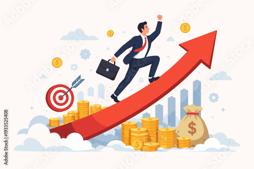 Successful businessman running up a large red rising arrow towards financial growth and career success. Concept of investment, profit increase, and achieving business goals with money and charts.