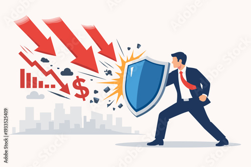 Businessman in suit holding a blue shield to protect against falling red arrows and a stock market crash, representing financial protection, inflation defense, and investment risk management.