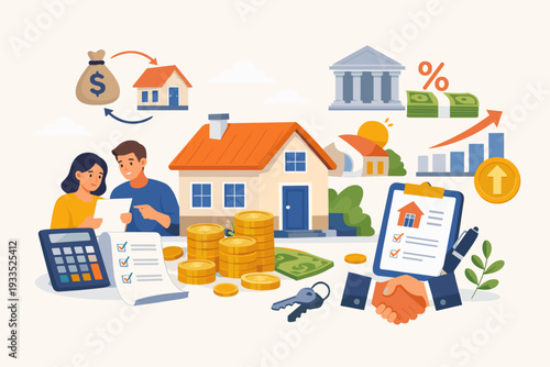 Real Estate Investment and Mortgage Refinancing Concept with Couple Planning to Buy a House. Vector Illustration of Property Purchase, Bank Loan, Interest Rates, and Financial Management.