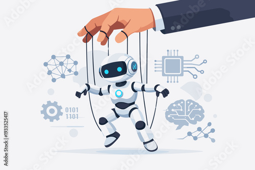 Human Hand Controlling an AI Robot Puppet with Strings, Concept of Artificial Intelligence Manipulation, Technology Control, Automation, Machine Learning, and Future Innovation Vector Illustration
