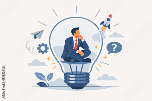 Businessman sitting inside a light bulb thinking about creative business ideas and innovation. Concept for imagination, problem solving, startup success, and finding smart solutions for growth.
