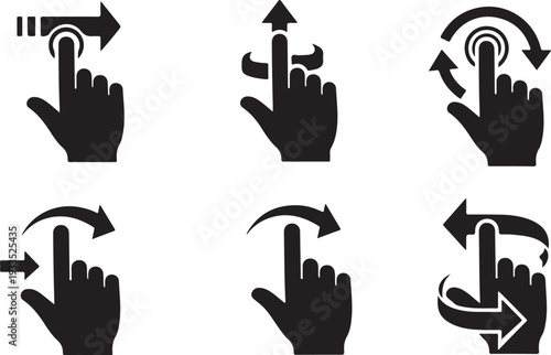 Set of hand gesture icons for touch screen interaction, swipe and tap actions for mobile devices
