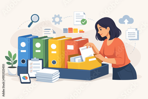 Professional woman organizing colorful office binders and documents, concept of file management, archiving, indexing, and data organization for efficient business workflow and productivity.