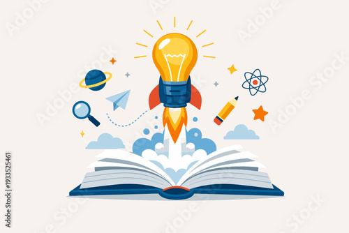 Education and Learning Concept Vector Illustration of an Open Book with a Rocket Shaped Lightbulb Launching Out, Symbolizing Innovation, Creativity, Knowledge, Science, and Success in Modern Study