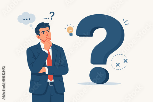 Businessman Thinking and Problem Solving with Large Question Mark and Lightbulb Idea Icon, Concept of Decision Making, Strategy, Doubt, Concentration, and Finding Answers in Business Vector