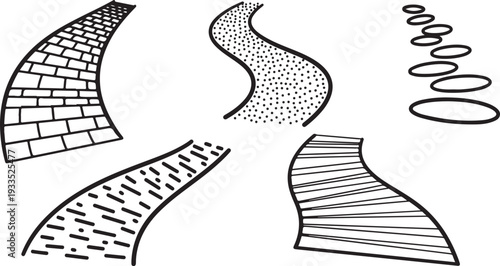 Various path and walkway designs, including brick road, cobblestone, and garden trails