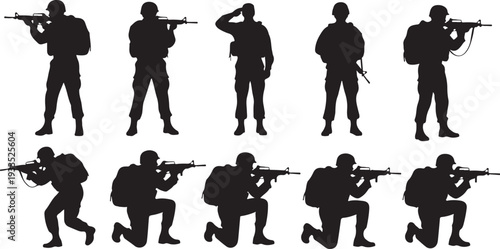 Soldier silhouettes set featuring military personnel in various tactical poses with weapons and gear isolated on transparent background