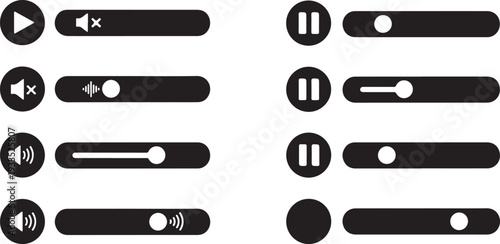 Media player control elements including play pause and volume slider bar icons for user interface design in black and white silhouette