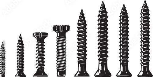 Metallic screw and bolt set with various head types and thread patterns for construction and hardware store industry product cataloging
