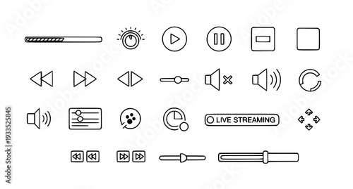 A collection of video and audio icons in a minimalist line art style for live streaming and multimedia applications