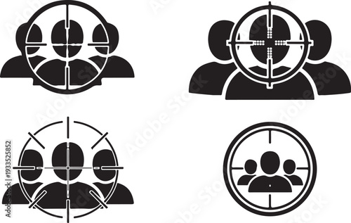 Group of human silhouette icons targeted within circular sniper scope crosshair frames showing audience segmentation and marketing focus
