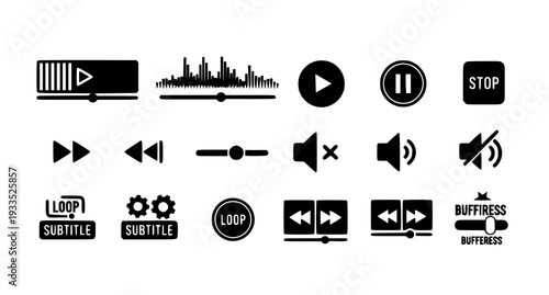 A set of black and white video player control icons for playback and navigation